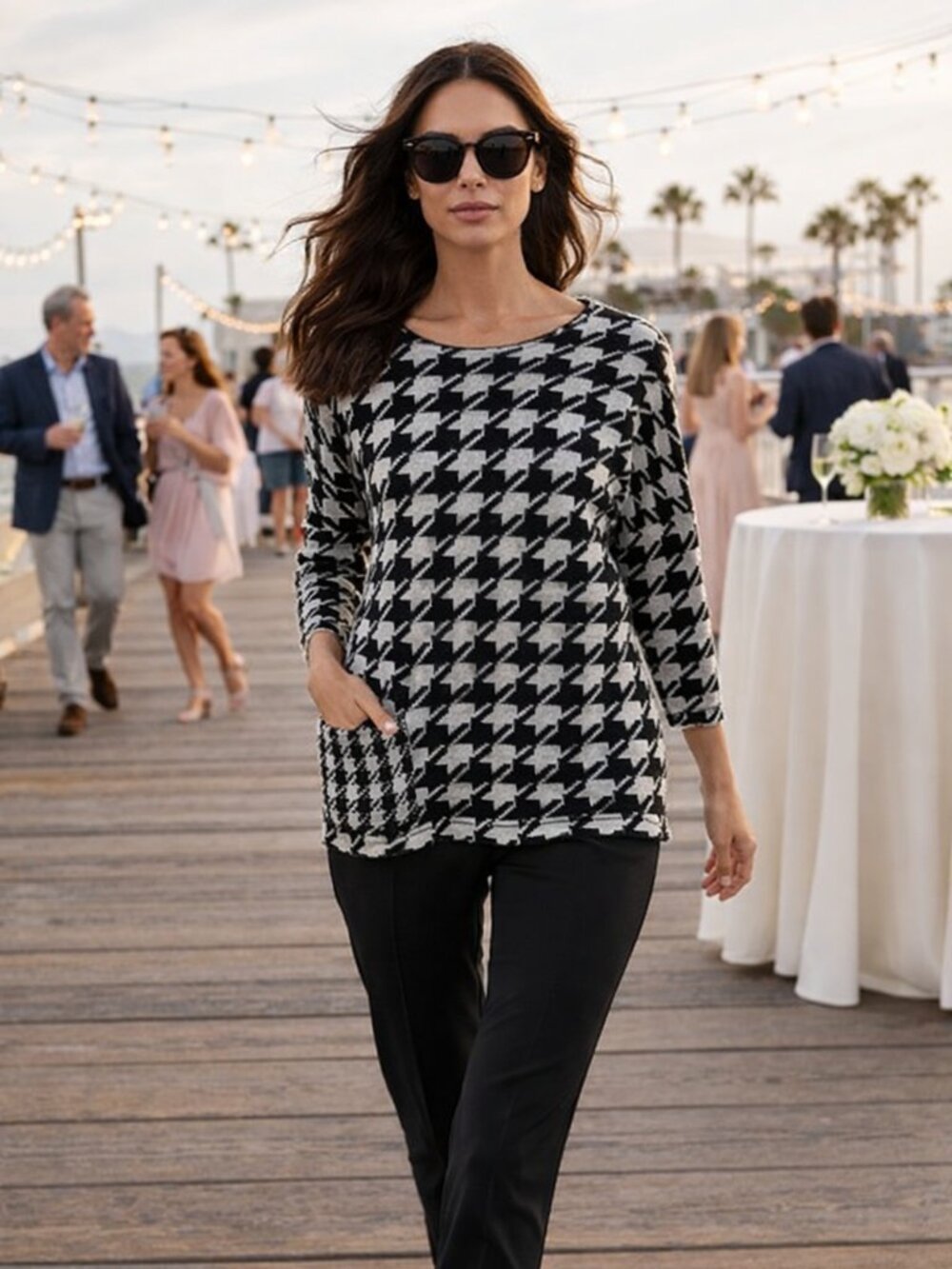 J.Jill Tunic Sweater Black White Houndstooth Patch Pocket Preppy Boho Women M/P